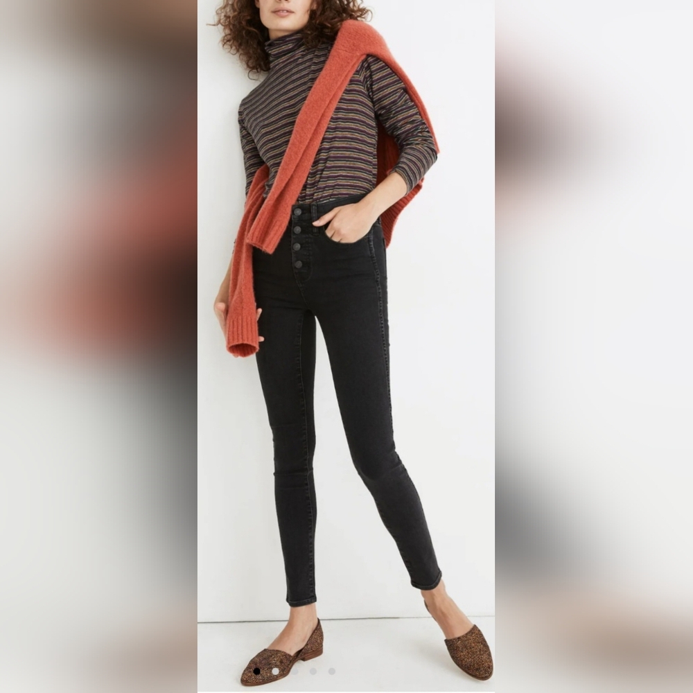 Madewell High Rise Skinny Jeans Buttons Front Premium Cotton Stretch Black 26/XS